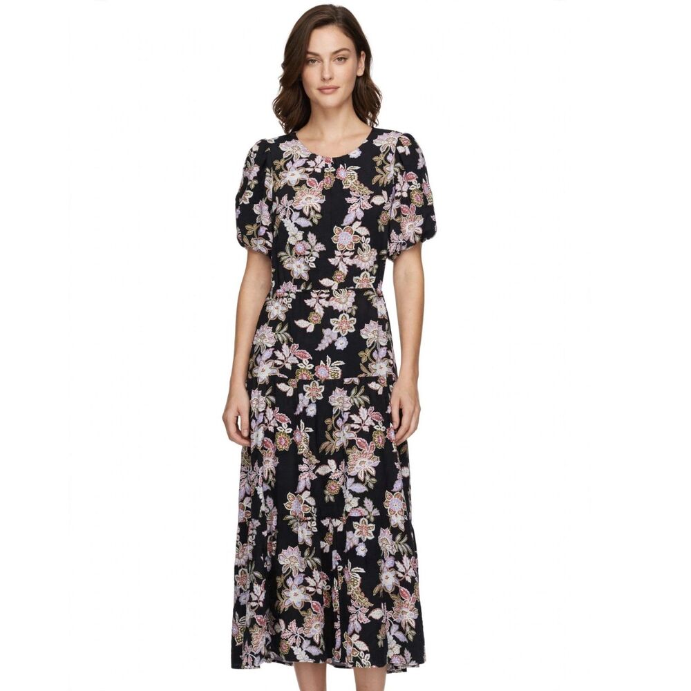 🌸 NWT MinkPink Willow Midi Dress Black Floral Puff Sleeve Tie Back XL $149
